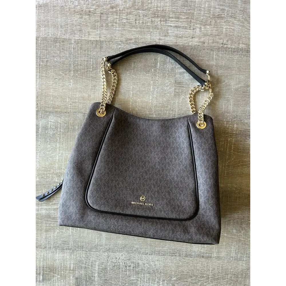 Michael Kors Jet Set Large Chain Tote Brown MK Monogram PVC Leather Trim Bag EUC